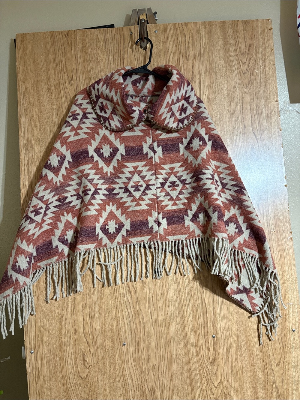 Boho Aztec Fringe Cape Jacket in Rust & Cream
